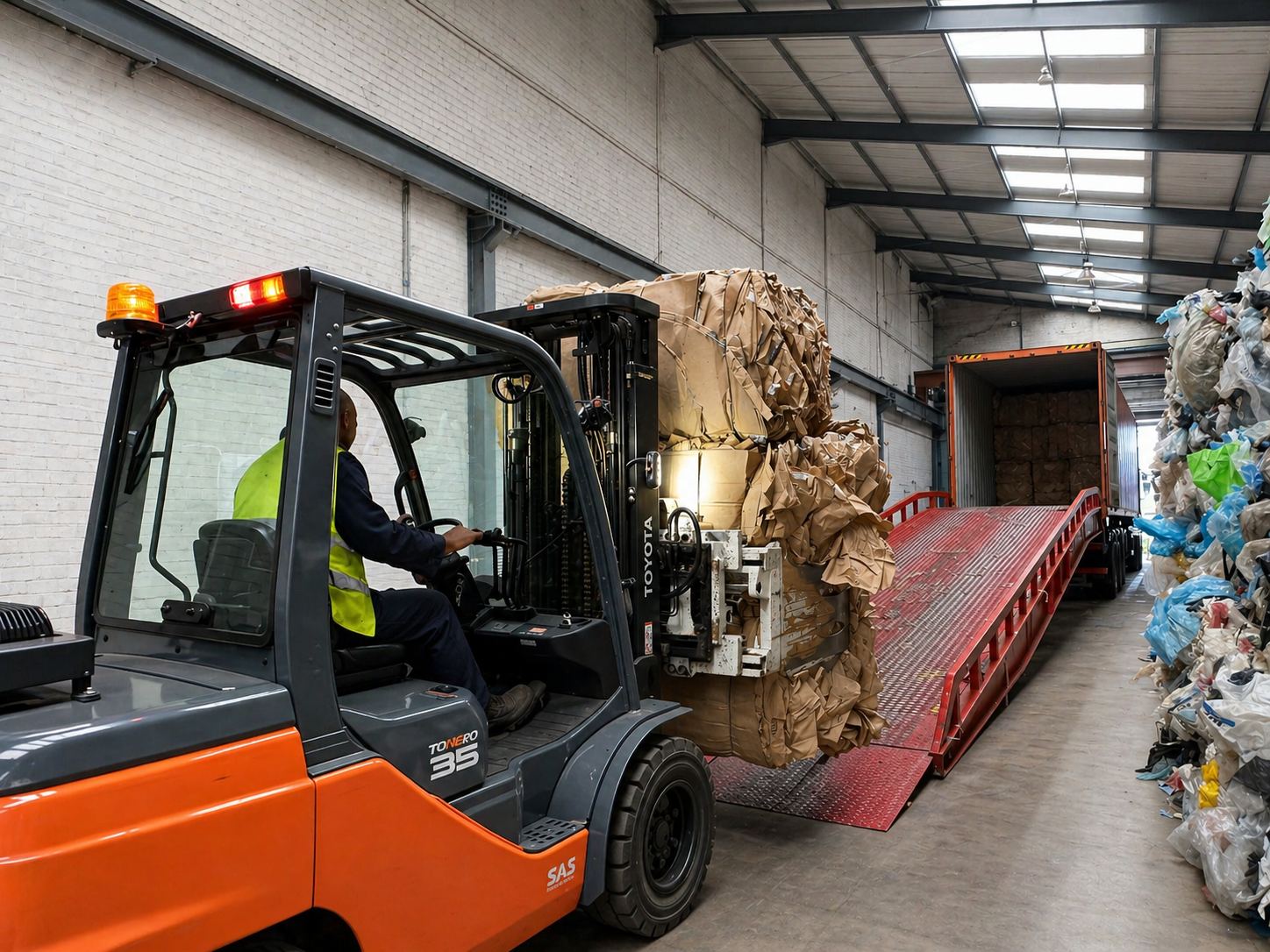 Telehandler feeding cardboard into the baler